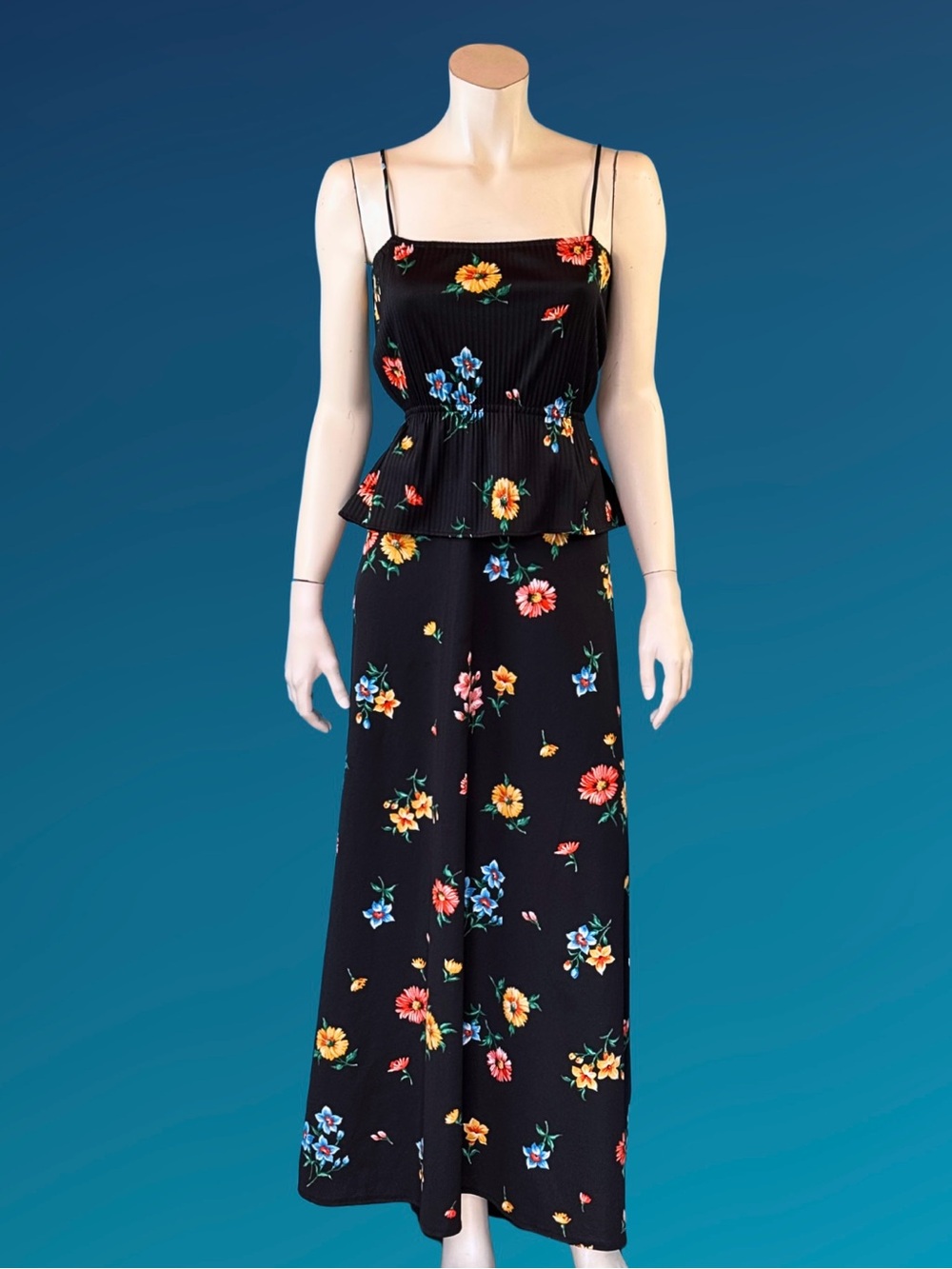 70s Boho Black Floral Print Peplum Maxi Sundress / S XS